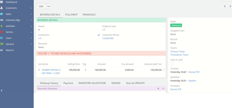 CRM dashboard view of leads reporting with feedback option