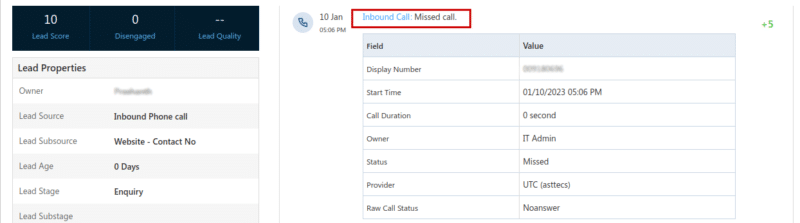 Call log dashboard of leadsquared integration with asterisk telephony