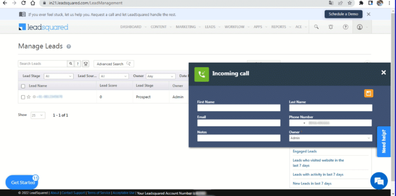 Dashboard of Inbound call popup integration of leadsquared with asterisk telephony