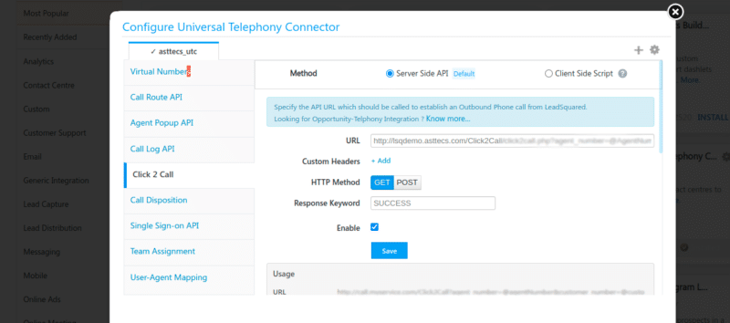 Dashboard of Click-to-call feature of leadsquared integration with asterisk telephony